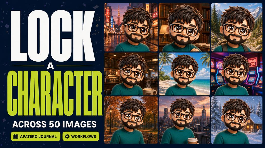 A grid of 50 images featuring the same character across different scenes, poses, and outfits, all visually consistent.